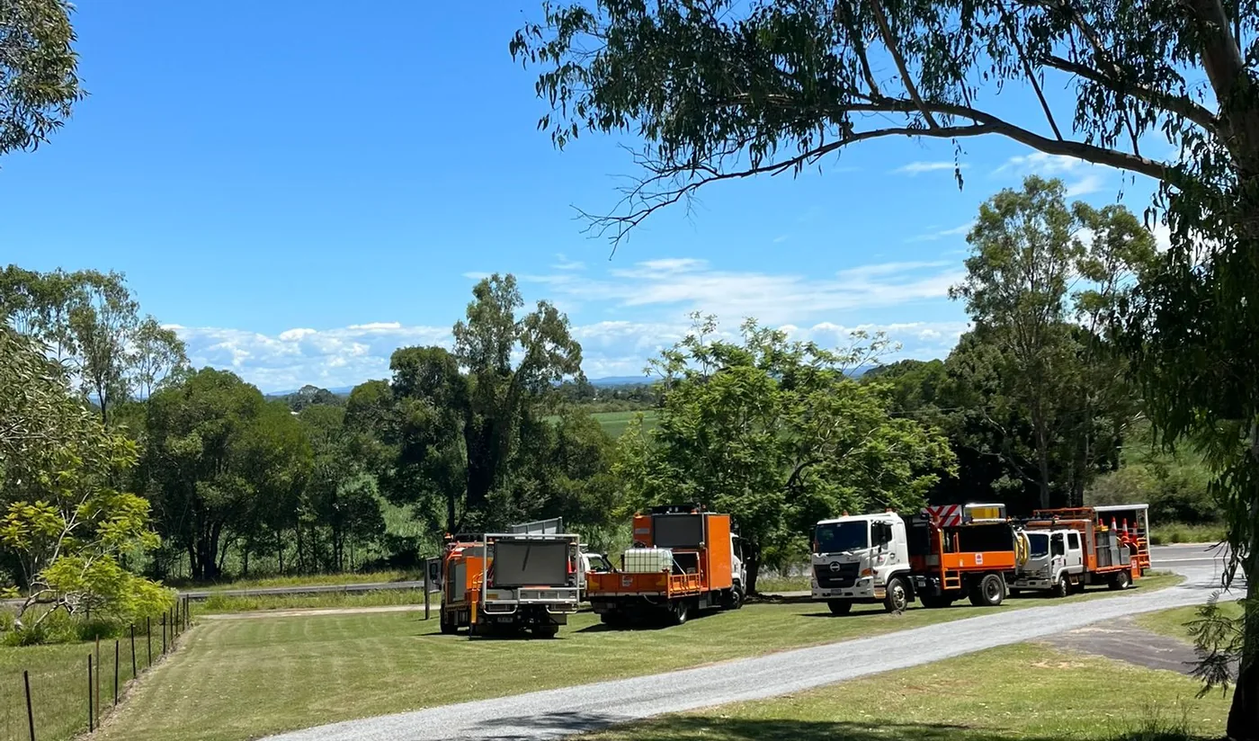 A rural driveway with a row of orange and white work trucks parked on the grass alongside, bordered by gum trees and open countryside