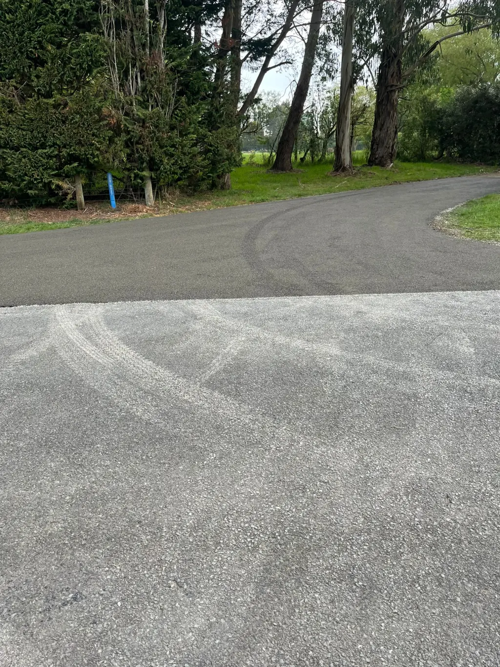 A spray sealed surface covered in a layer of loose aggregate, meeting a darker sealed roadway, with trees and grass in the background