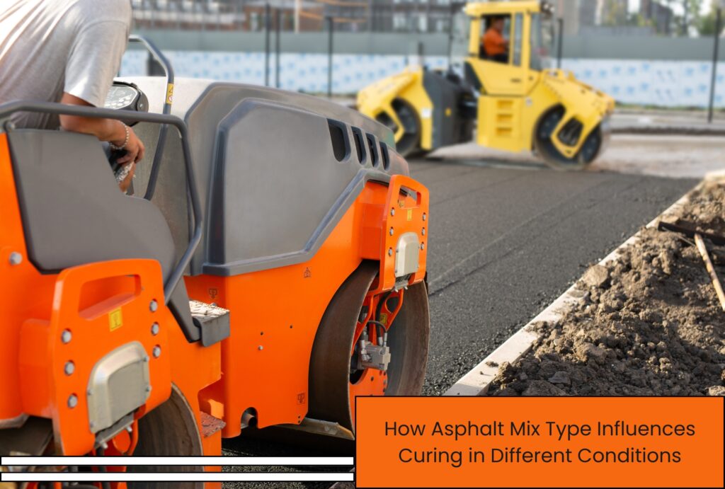 A road construction crew operating a steel drum roller to compact freshly laid hot mix asphalt during a road paving project in mild weather conditions